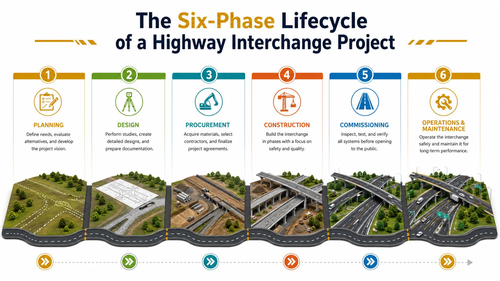An infographic illustrating the six sequential phases of developing a highway interchange project from planning to maintenance.