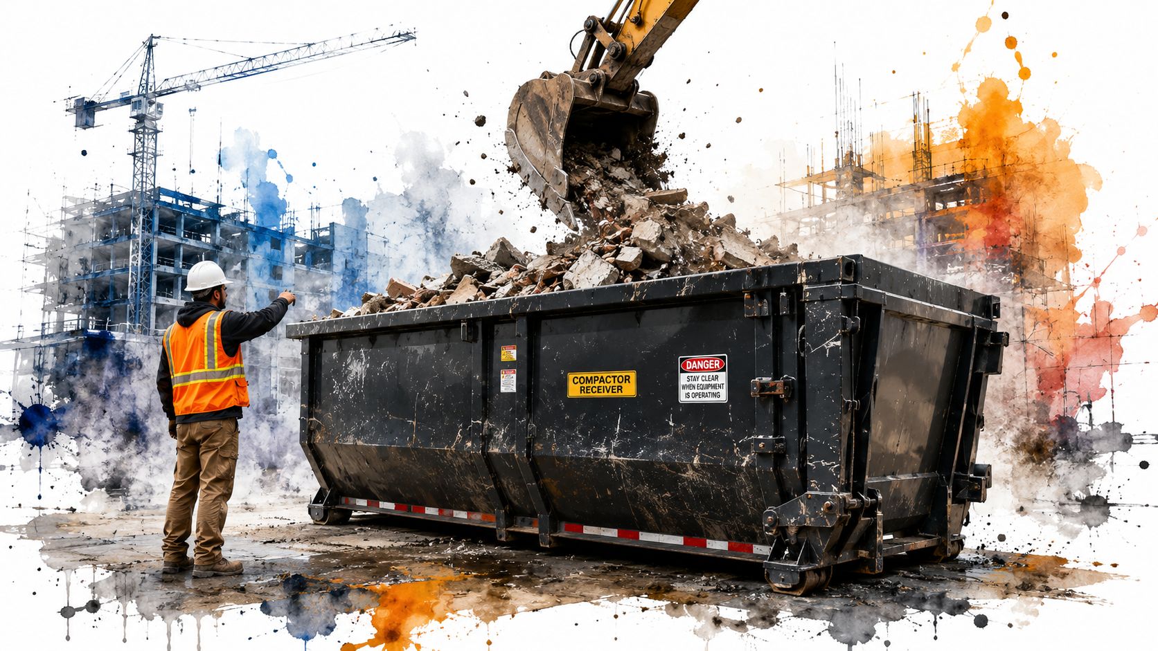 A construction worker directing an excavator as it drops debris into a large black compactor receiver box.