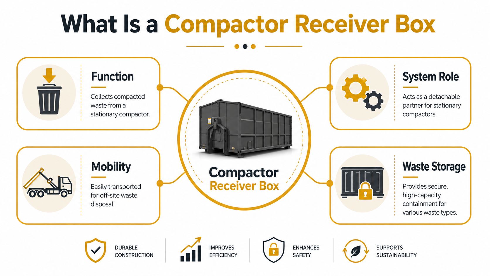 An infographic detailing the functions, mobility, and benefits of a compactor receiver box for waste management.