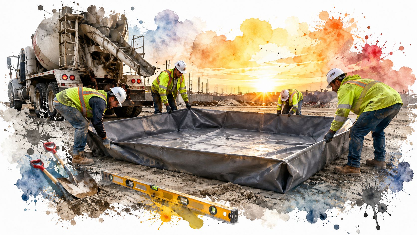 Construction workers setting up a portable concrete washout basin on a construction site at sunset.