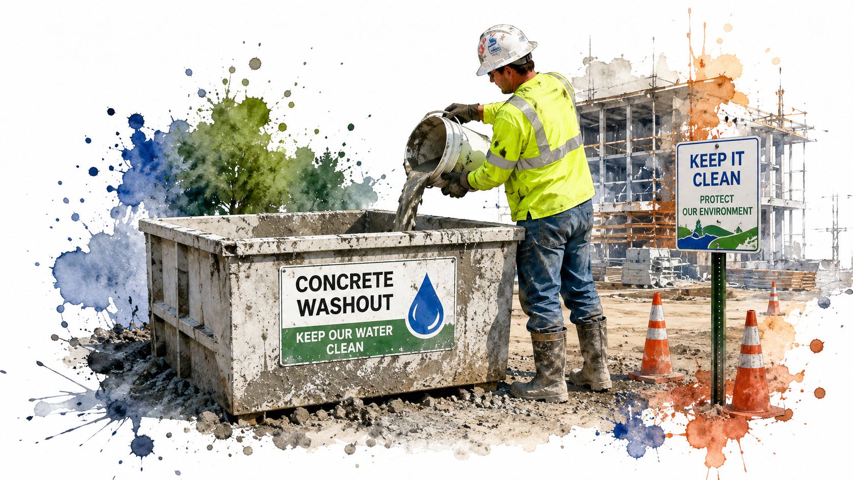 A construction worker pouring wet concrete into a washout bin to ensure proper environmental waste management.