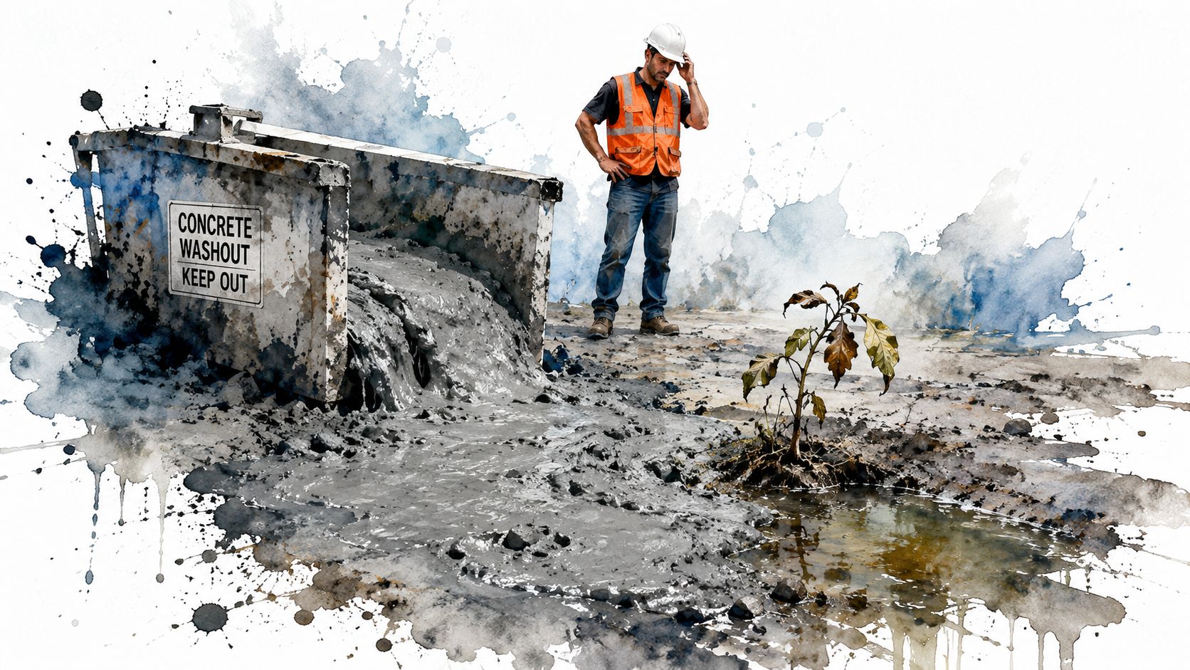 A construction worker standing near a leaking concrete washout container next to a struggling small plant.