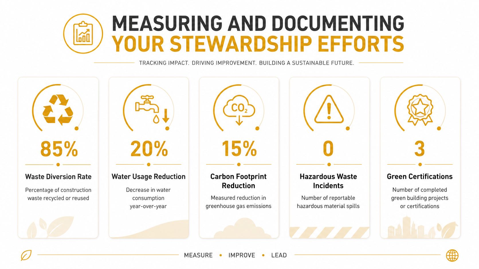 An infographic showing five key metrics for measuring and documenting environmental stewardship and sustainable business practices.