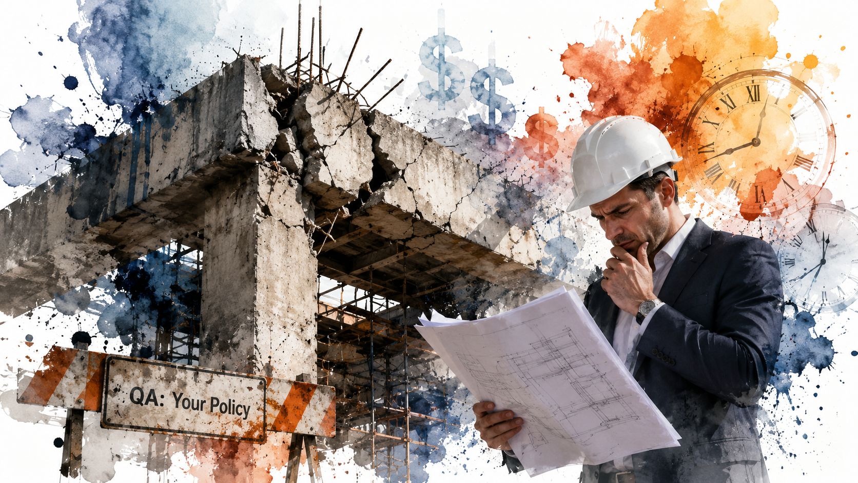 A construction engineer in a hard hat examines blueprints in front of a damaged bridge structure.