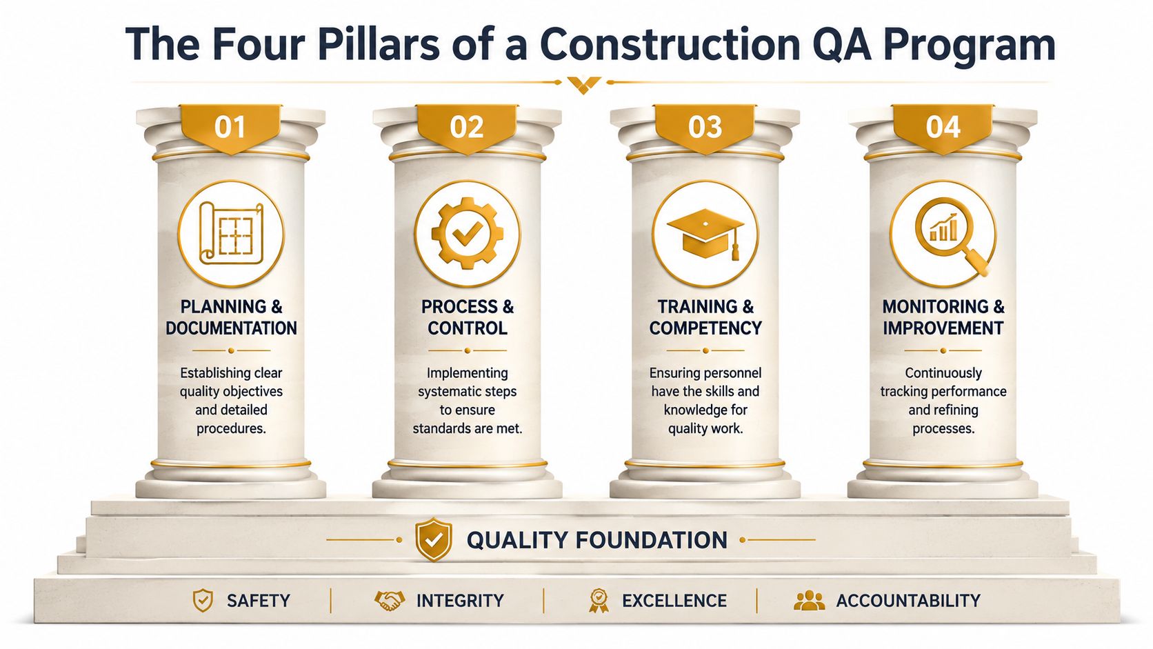 An infographic showing the four essential pillars for a successful construction quality assurance program and foundation.
