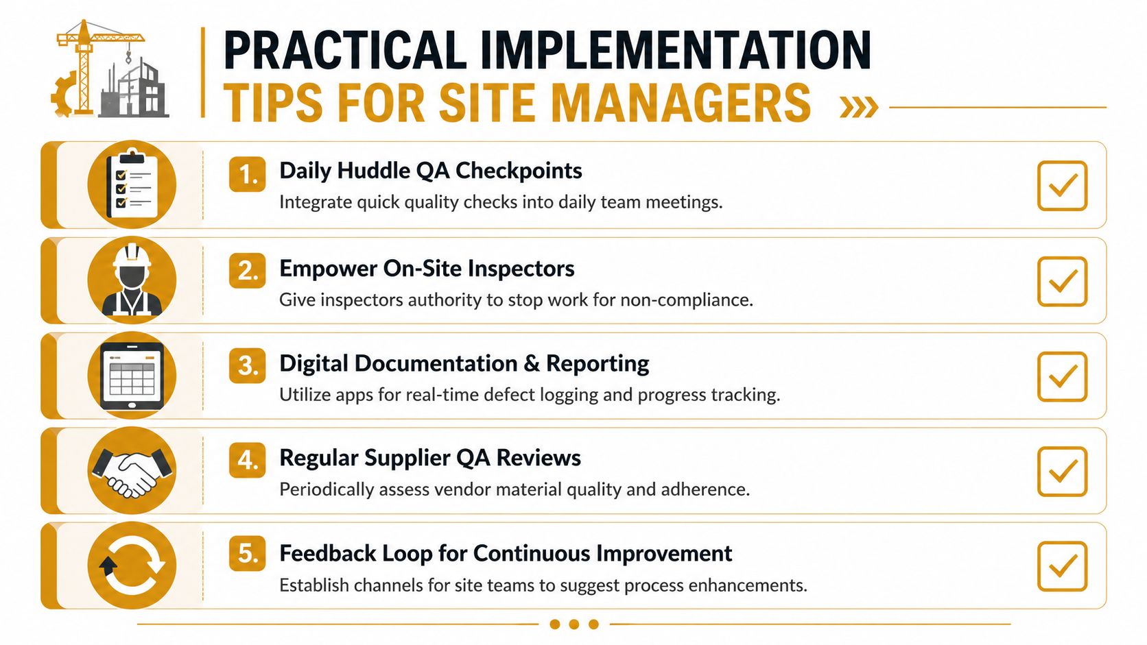 A list of five practical implementation tips for site managers to ensure construction quality assurance.