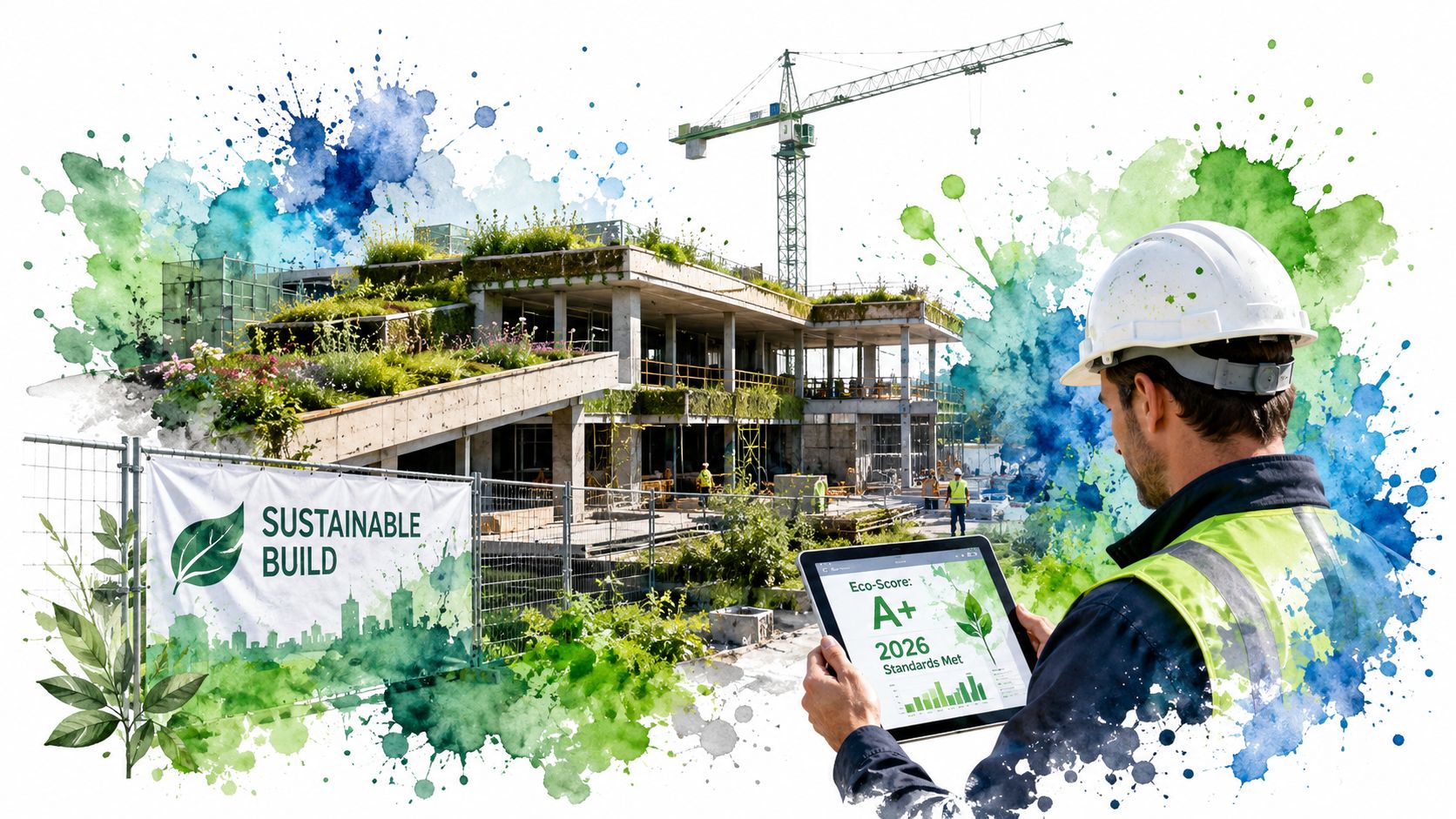 A construction engineer reviewing a tablet showing an A+ Eco-Score at a sustainable building site construction project.