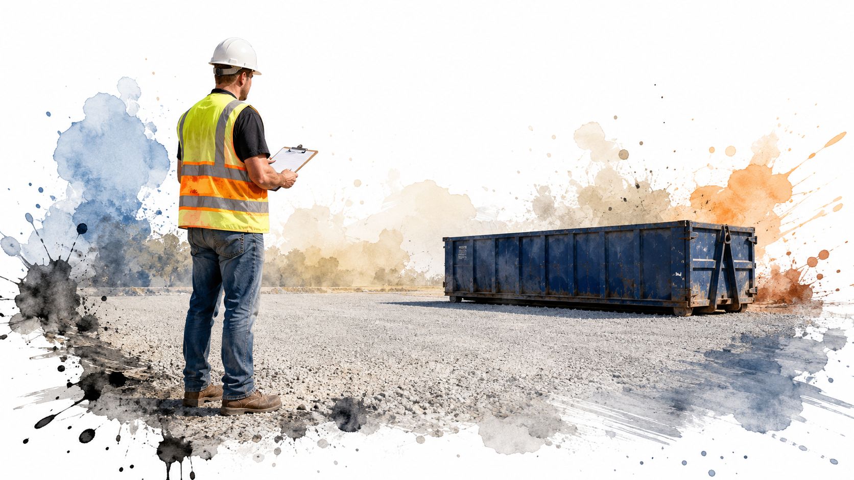 A construction inspector with a clipboard and safety vest standing near a large blue roll-off dumpster.