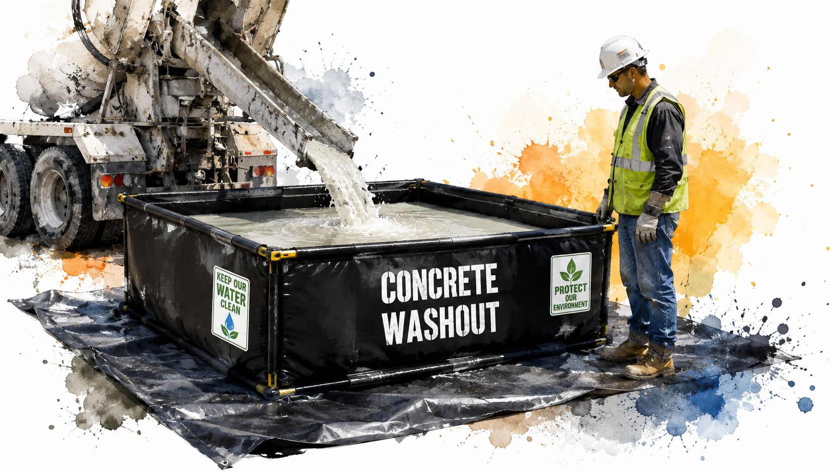 A construction worker monitoring a concrete washout container capturing slurry from a concrete mixer truck.