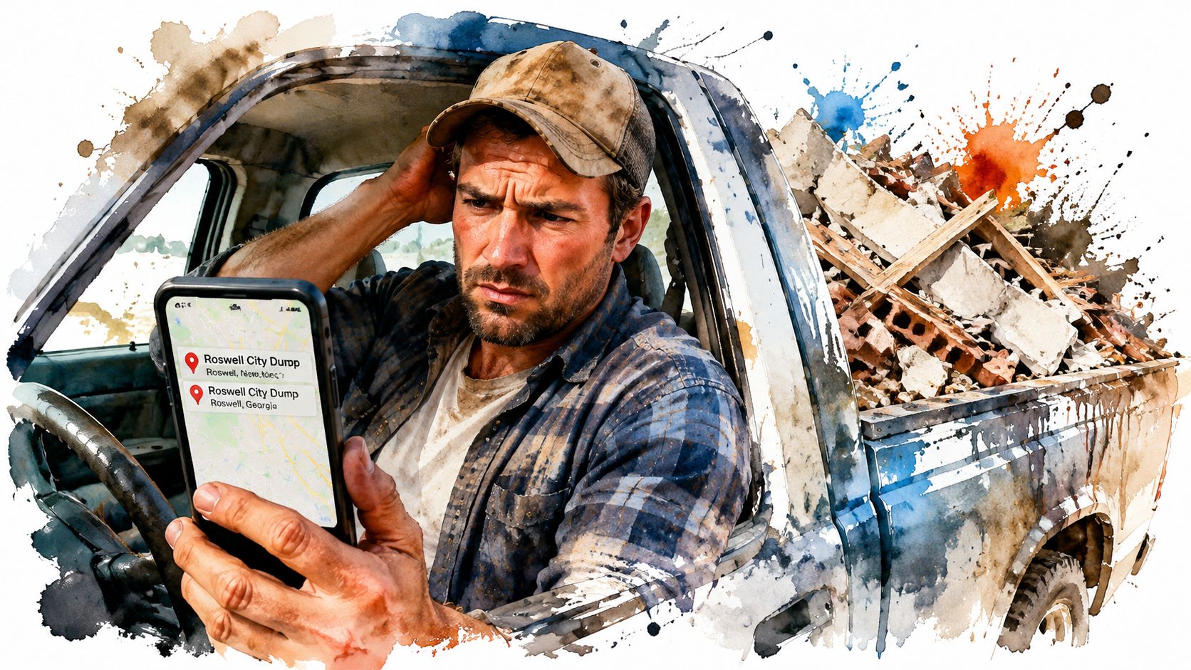 A confused man in a truck checking directions to the Roswell City Dump on his smartphone.