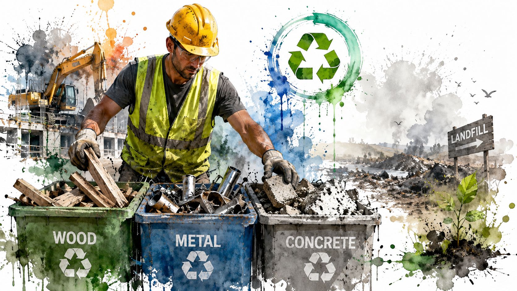 A construction worker sorting wood, metal, and concrete debris into recycling bins for sustainable waste management practices.