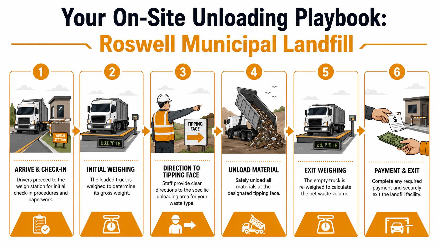 A 6-step visual guide illustrating the unloading process at the Roswell Municipal Landfill facility for truck drivers.