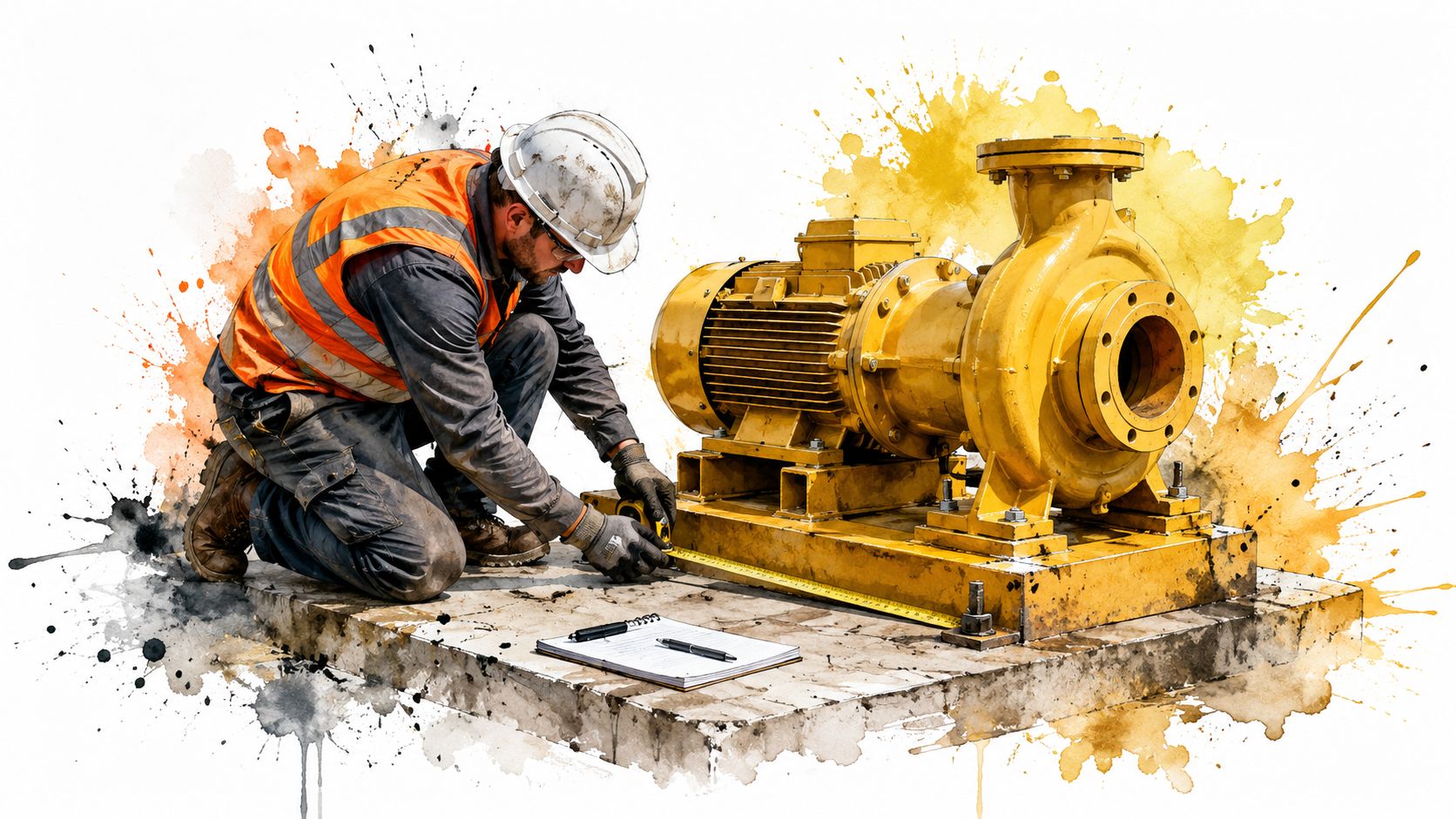 An industrial worker in high-visibility gear measures a yellow industrial pump mounted on a concrete base.