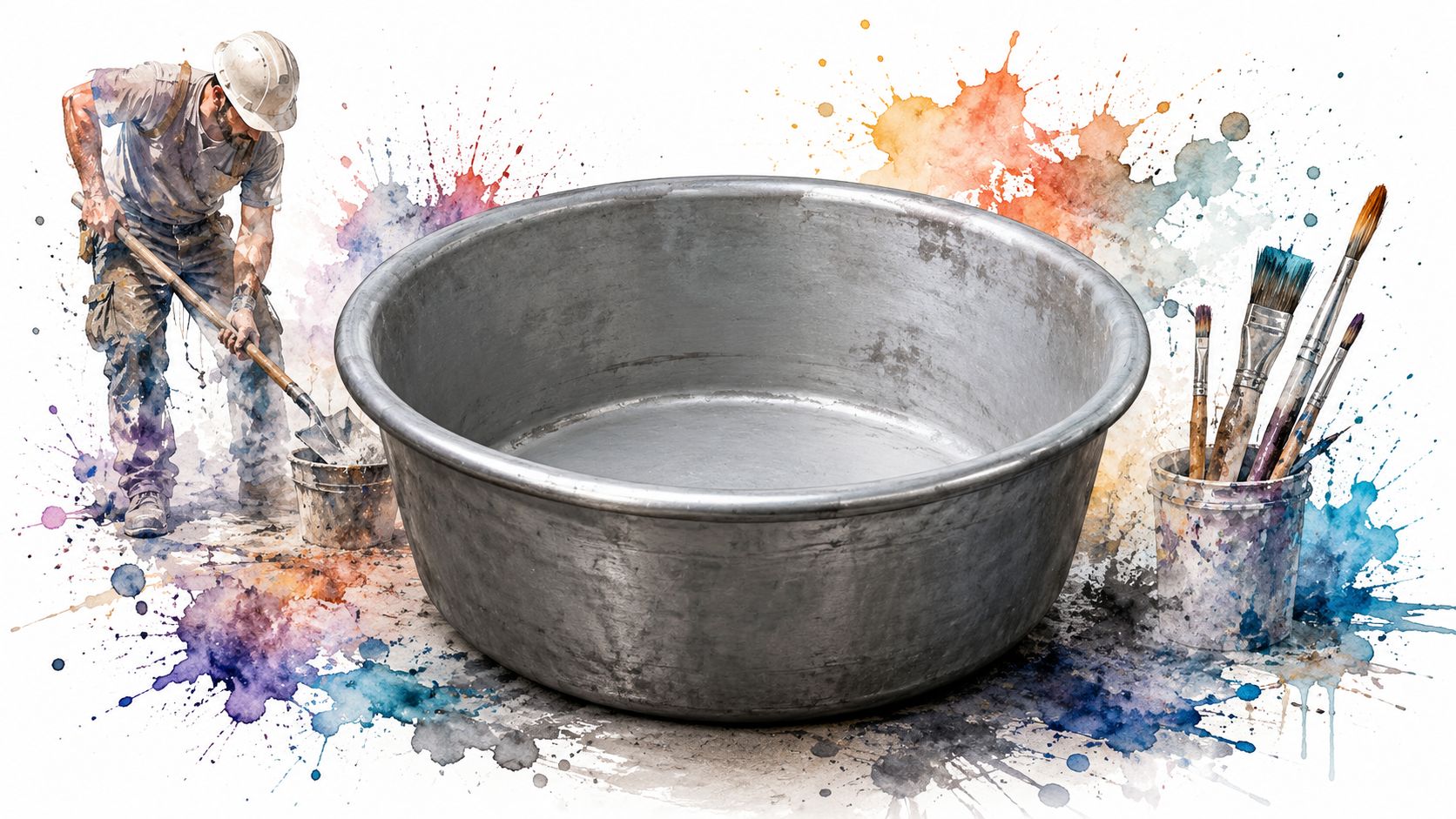 A large steel mortar pan sits centrally with a construction worker and paint brushes on either side.