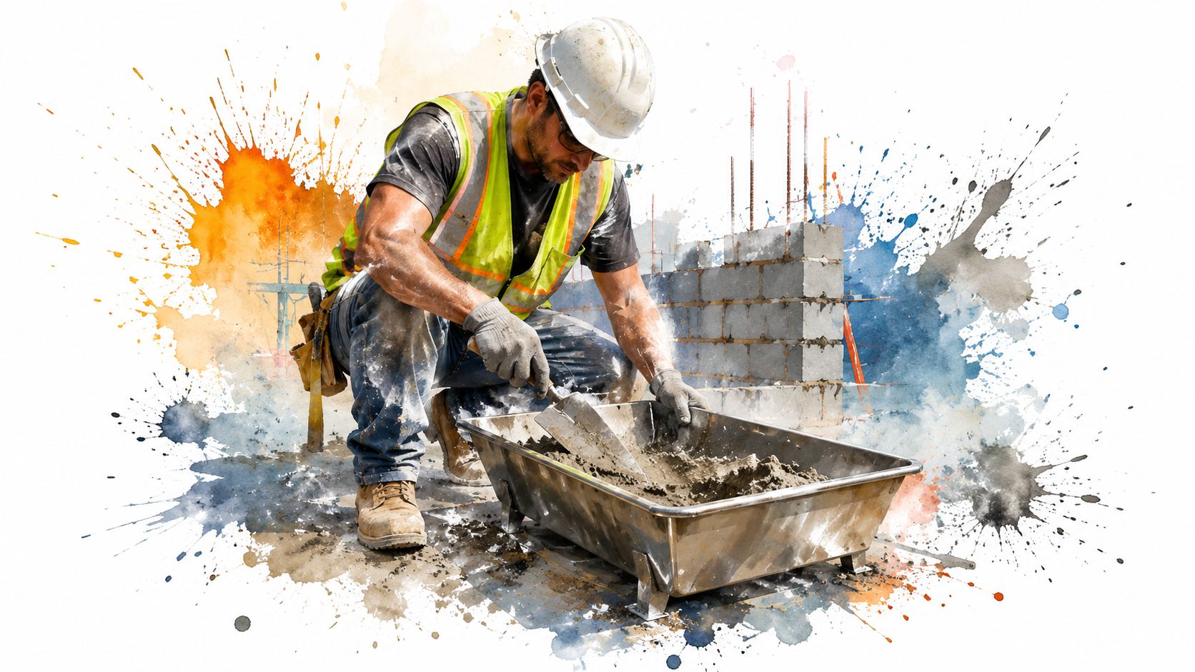 A construction worker in a hard hat kneeling and mixing cement in a metal mortar pan.