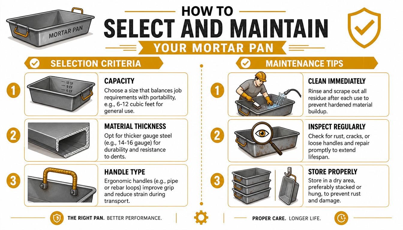 An infographic showing tips for selecting and maintaining a durable steel mortar pan for masonry work.