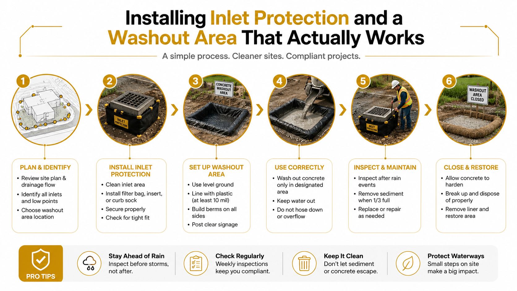 A six-step infographic demonstrating the process of installing storm drain inlet protection and concrete washout areas.