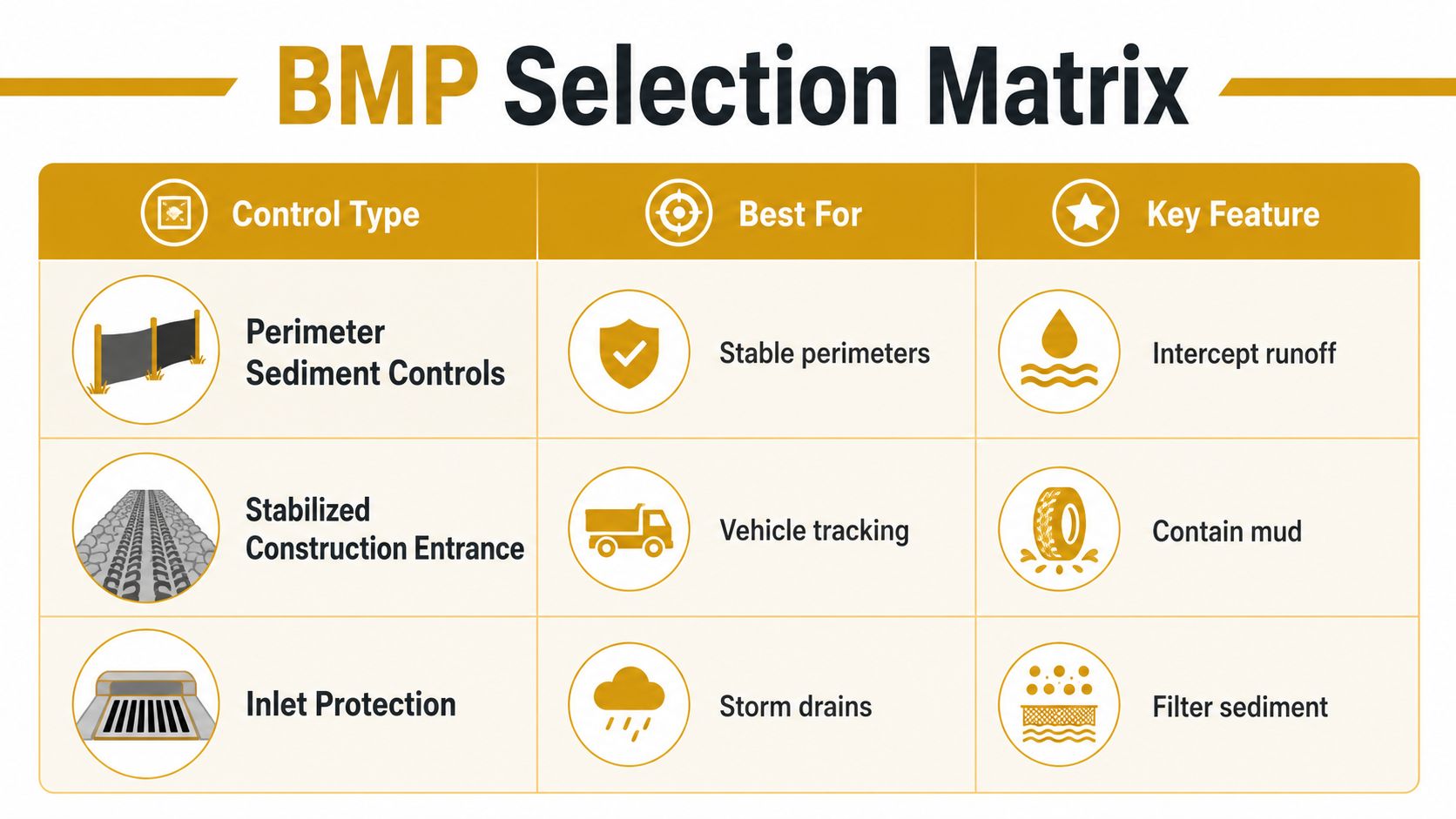 A BMP Selection Matrix infographic table listing construction sediment control types, best use cases, and key features.
