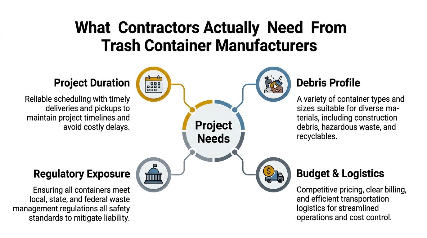 An infographic titled What Contractors Actually Need From Trash Container Manufacturers detailing four core project needs.