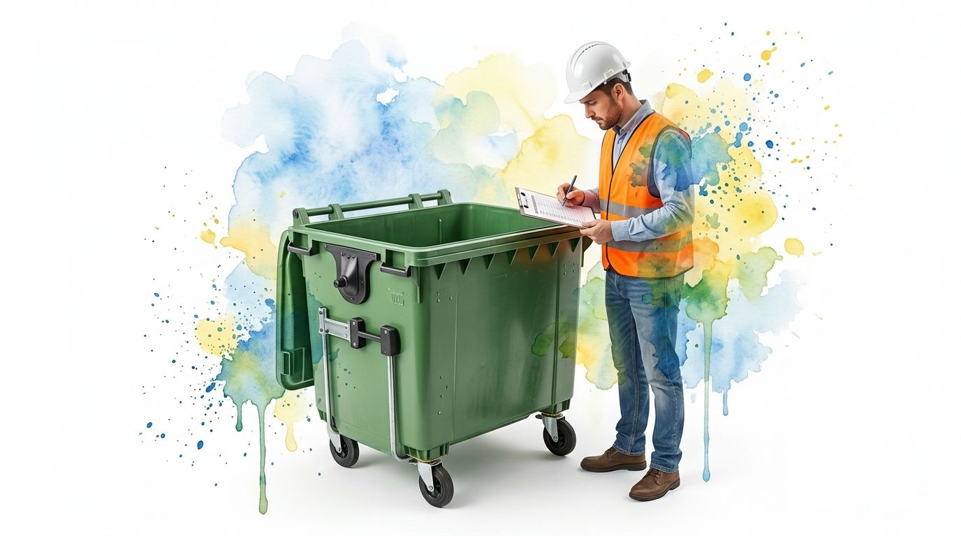 An inspector in a hard hat and safety vest checking a large green industrial trash container.