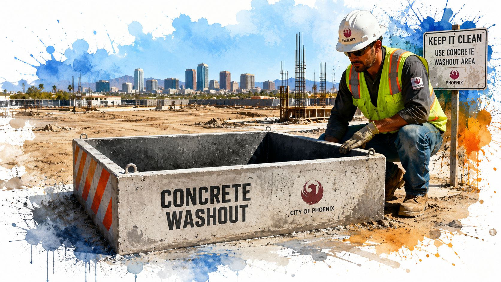 A construction worker inspecting a designated concrete washout station on a job site in Phoenix, Arizona.