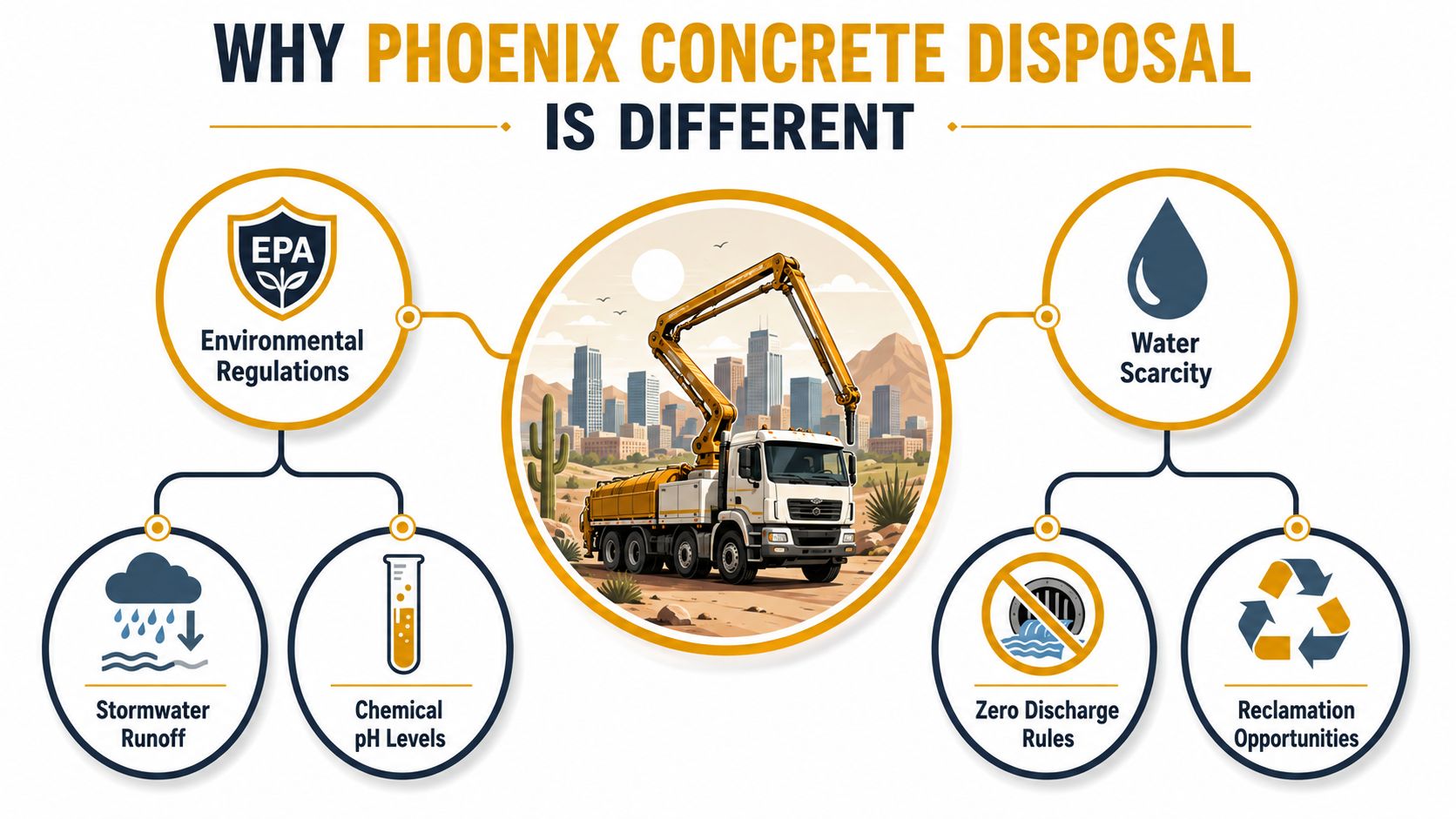 An infographic showing why concrete disposal in Phoenix is different due to environmental regulations and water scarcity.