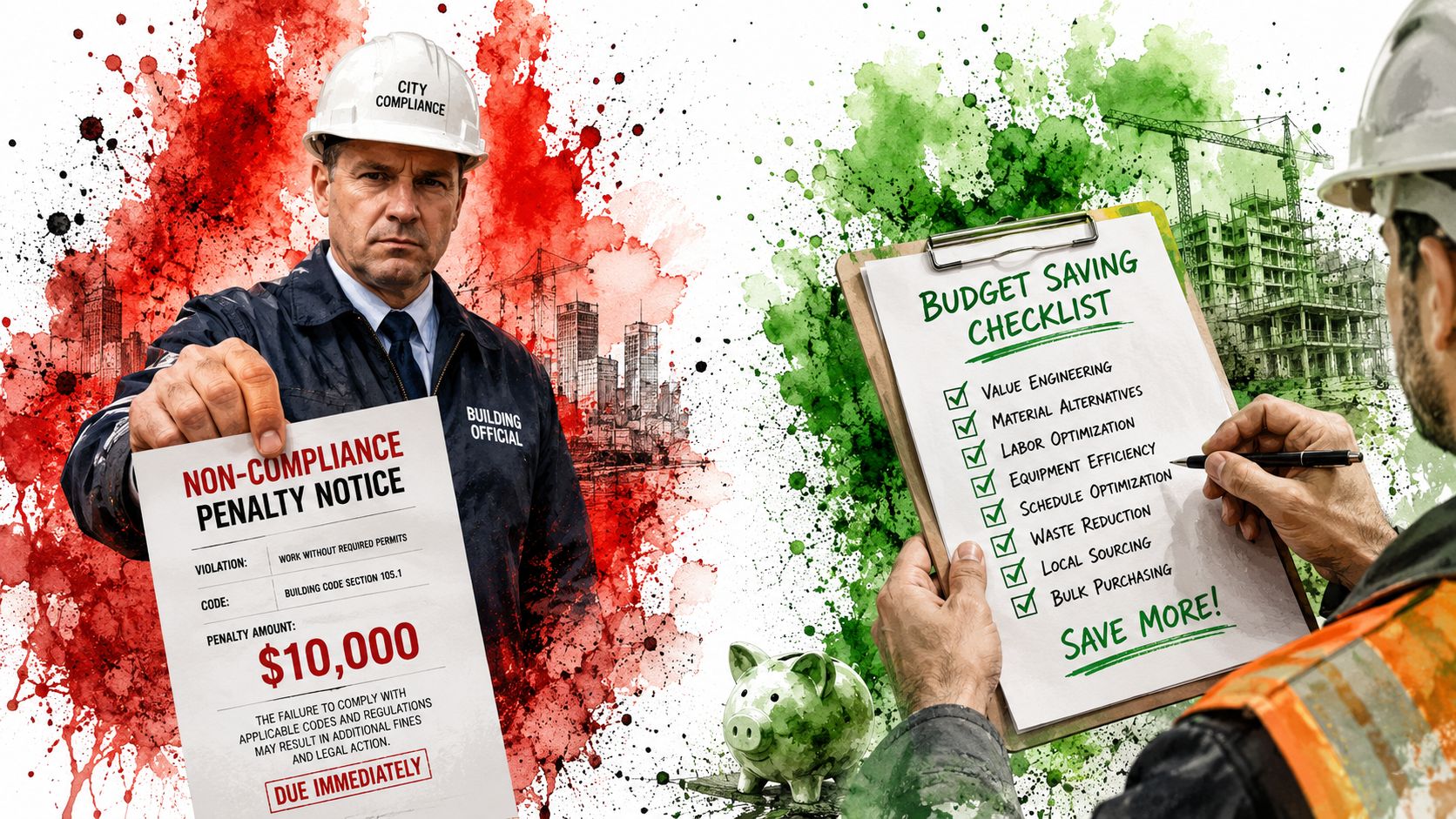 A split composition featuring a building official serving a fine and a contractor reviewing a checklist.