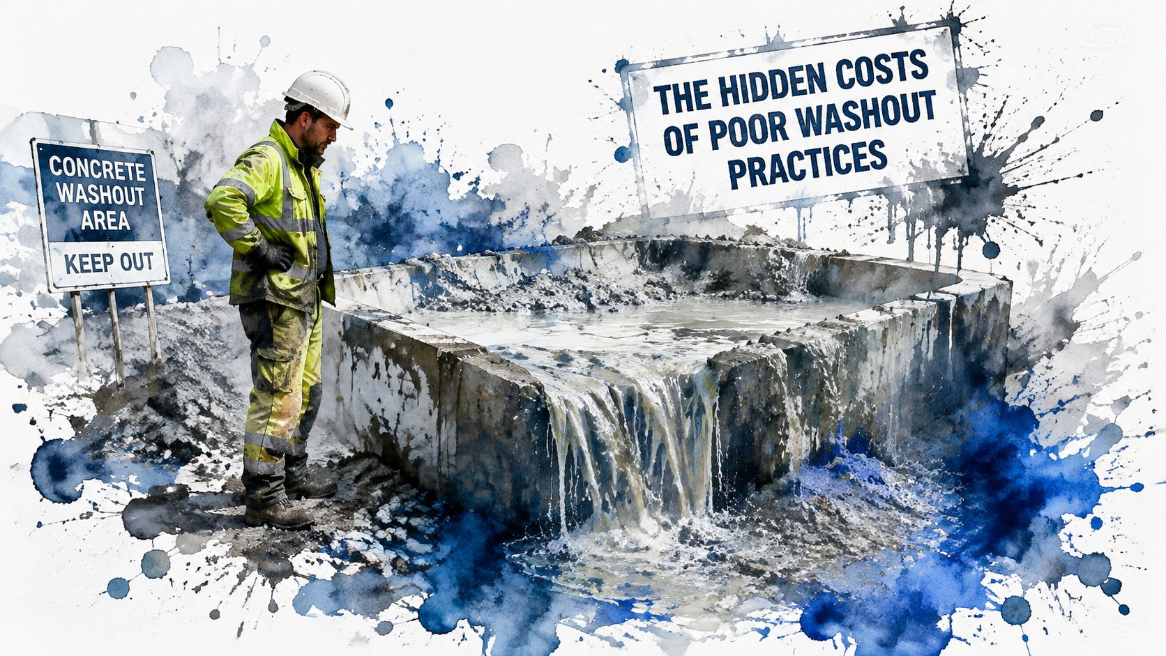A construction worker looking at an overflowing concrete washout pit, representing the environmental and financial risks.