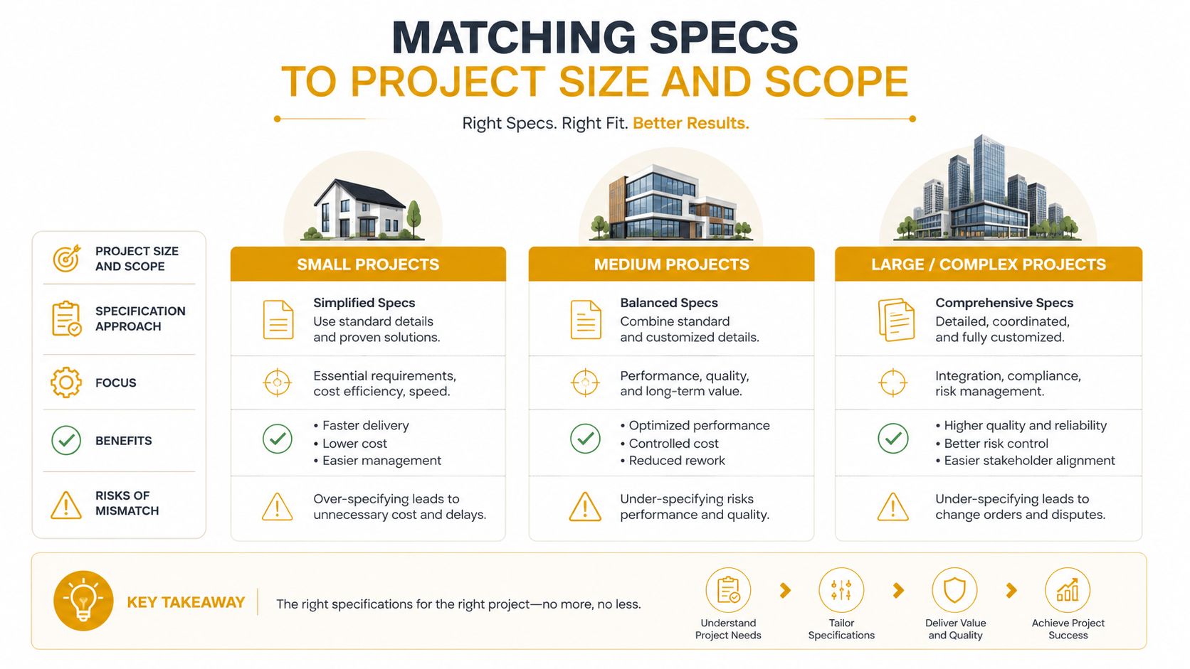 A chart illustrating how to match project specifications to the size and scope of construction projects.