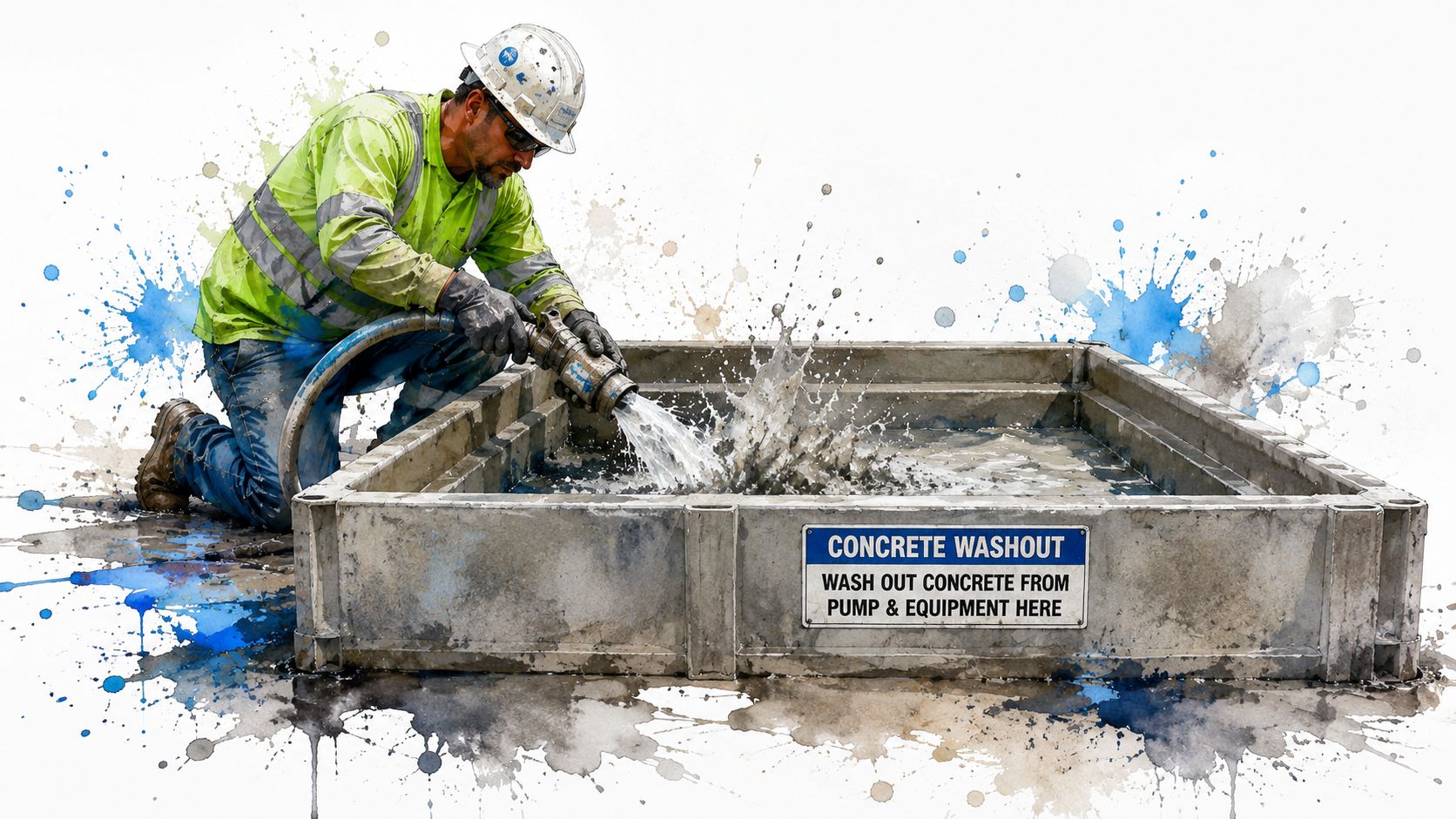 A construction worker washes out concrete from equipment into a washout basin on a job site.