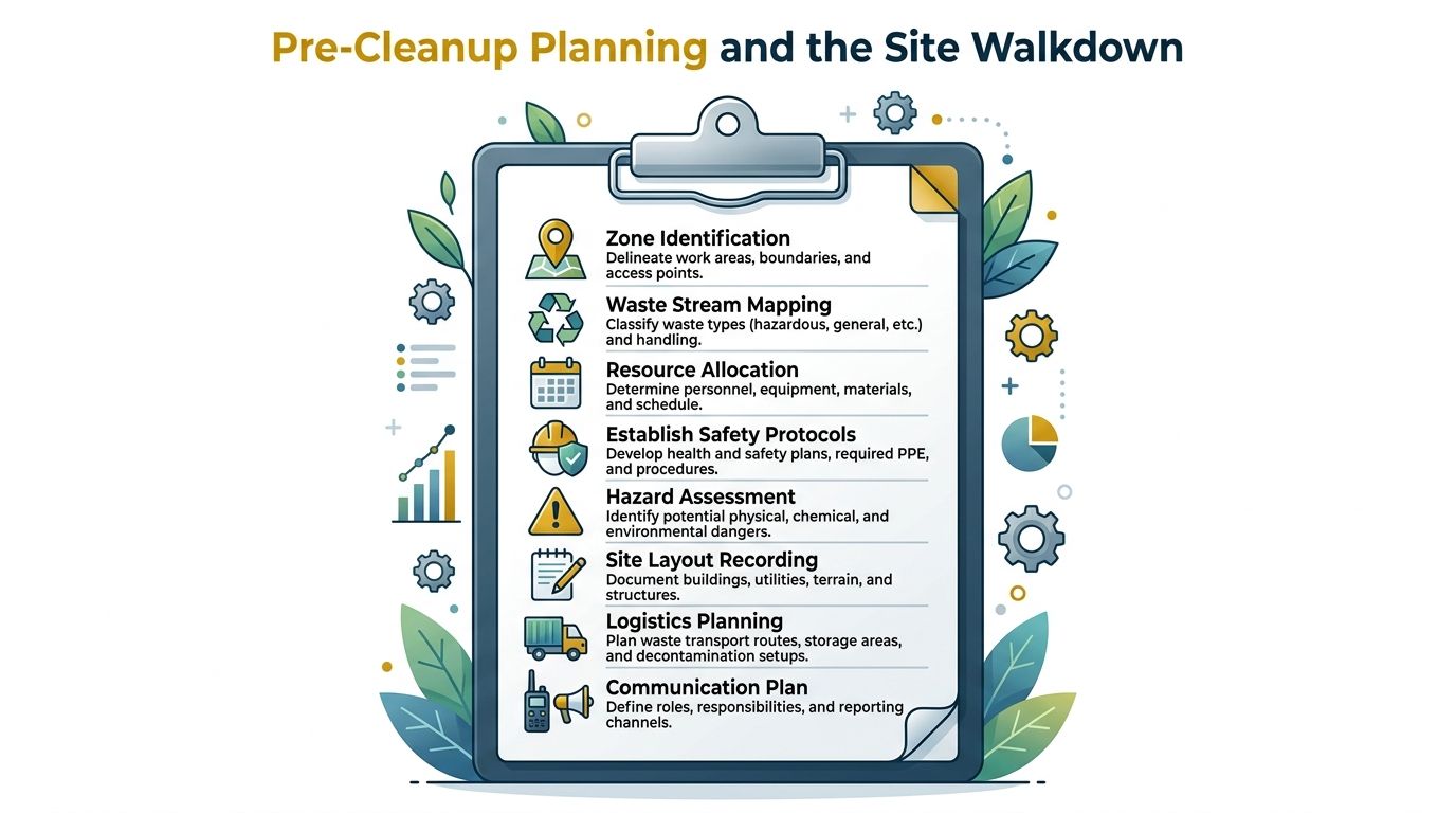 A clipboard graphic outlining pre-cleanup planning and site walkdown steps for construction and environmental projects.