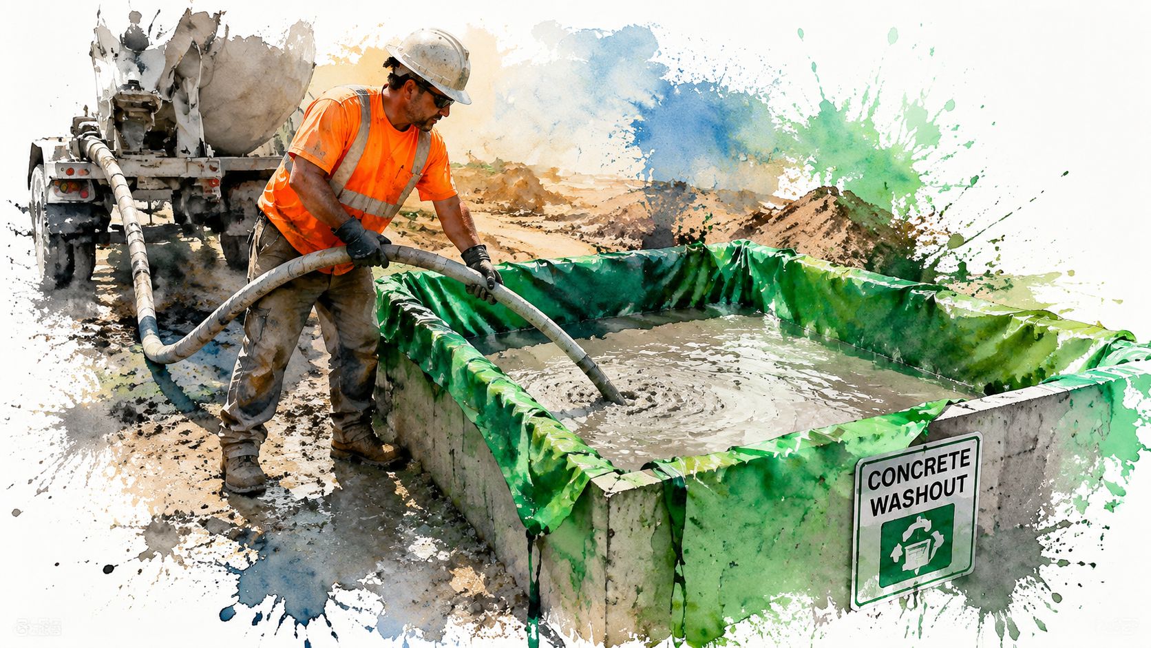 A construction worker empties concrete wash water into a lined containment basin at a construction site.