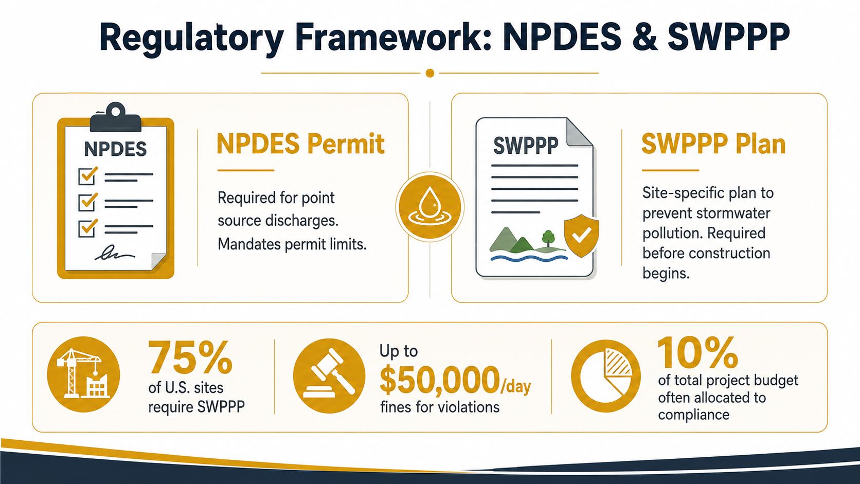An infographic detailing the regulatory framework for NPDES permits and SWPPP plans in construction site water management.