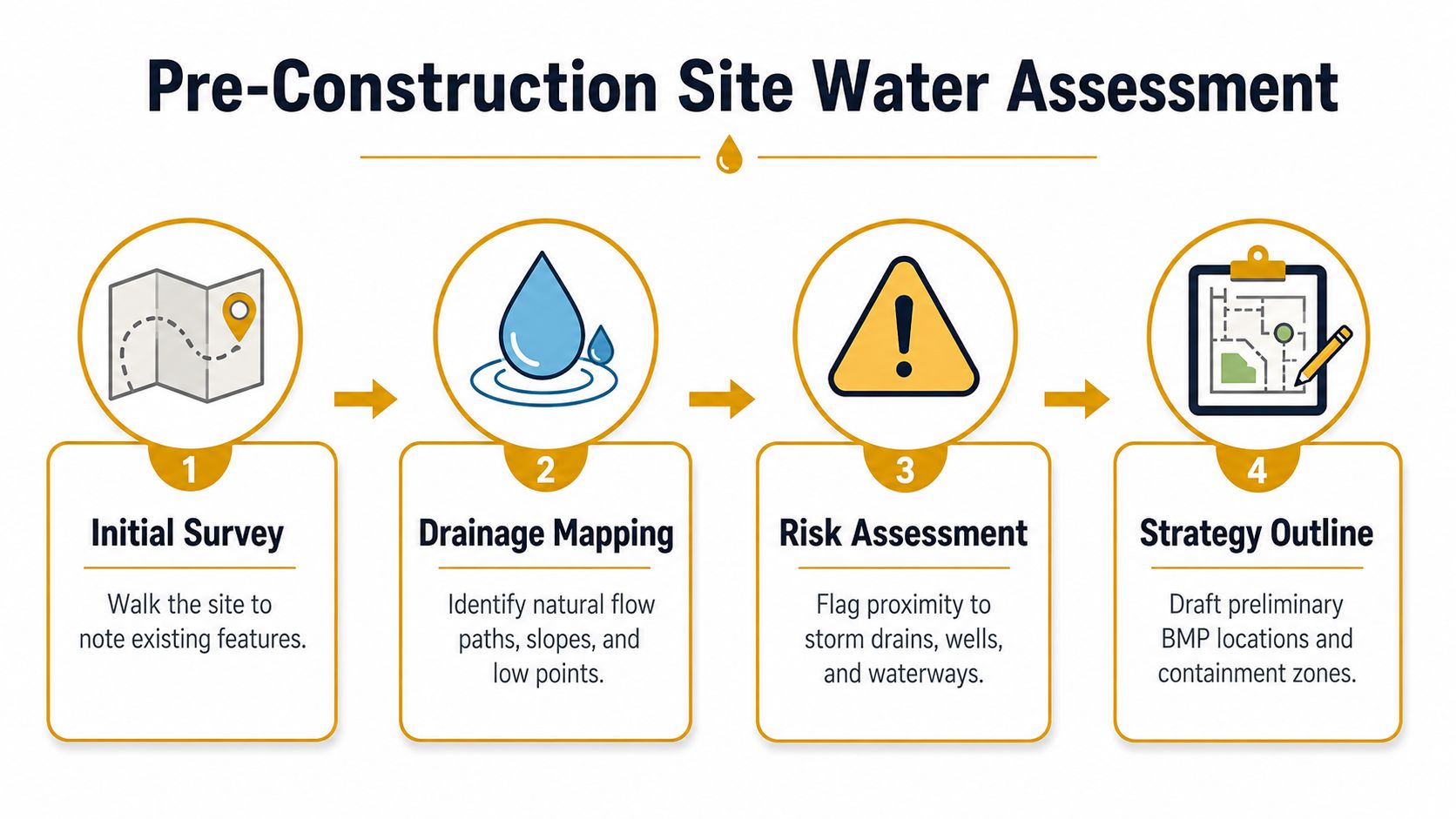 A four-step infographic illustrating the process for conducting a pre-construction site water assessment for construction projects.