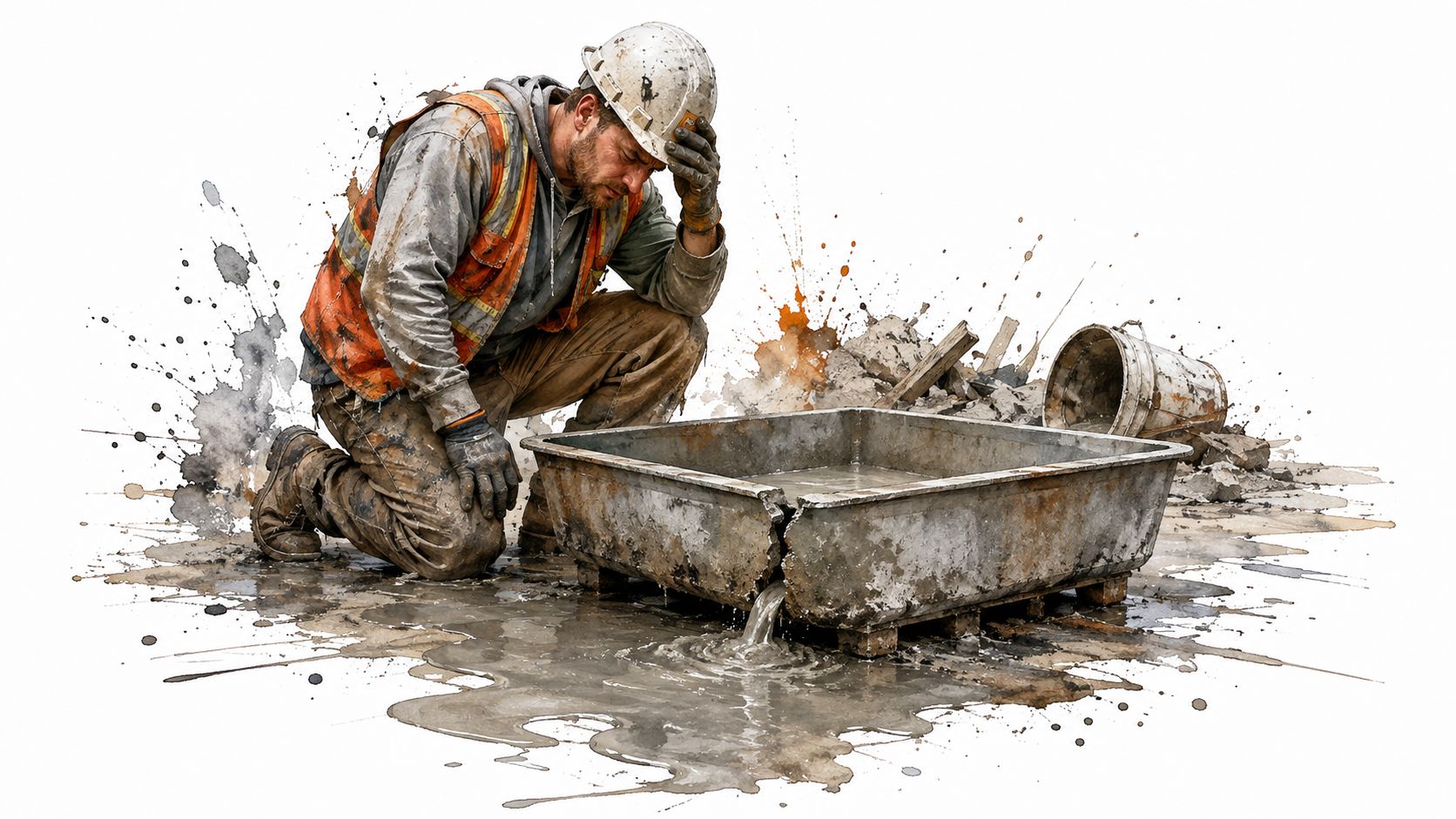 A distressed construction worker in a muddy vest kneeling by a leaking metal tub on site.