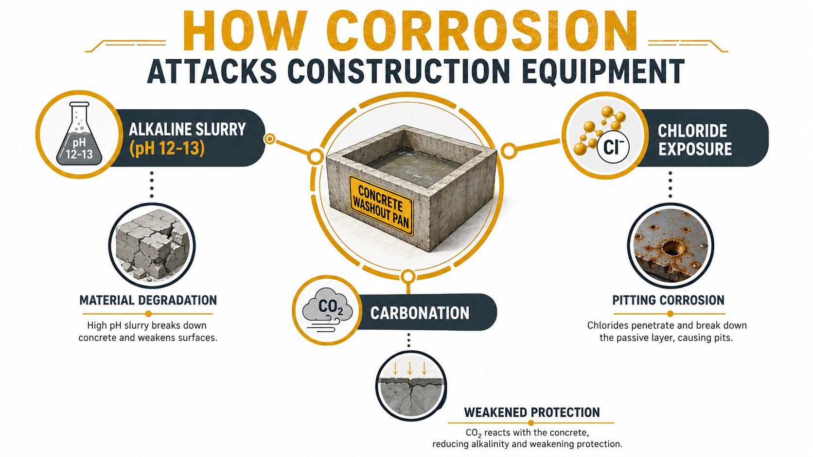 An infographic illustrating how alkaline slurry, chloride exposure, and carbonation cause corrosion on construction equipment.