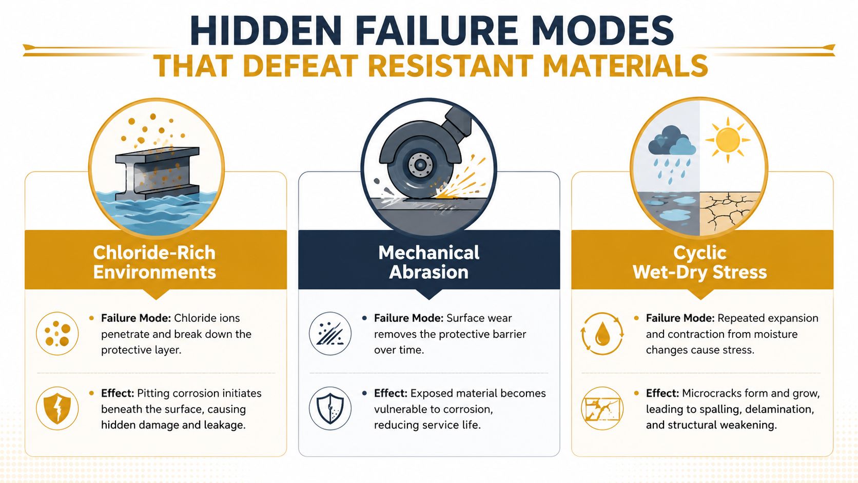 An infographic detailing three hidden failure modes for corrosion-resistant materials: chloride-rich environments, mechanical abrasion, and cyclic wet-dry stress.