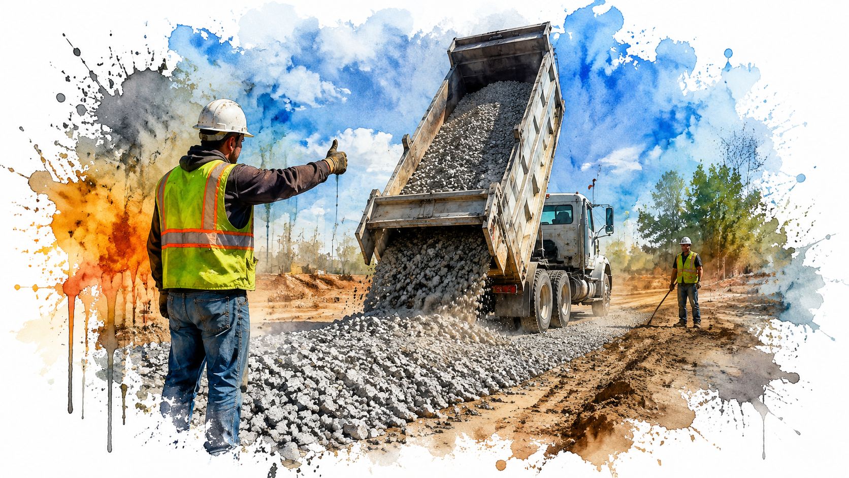 A construction worker directing a dump truck as it spills crushed concrete for road base installation.