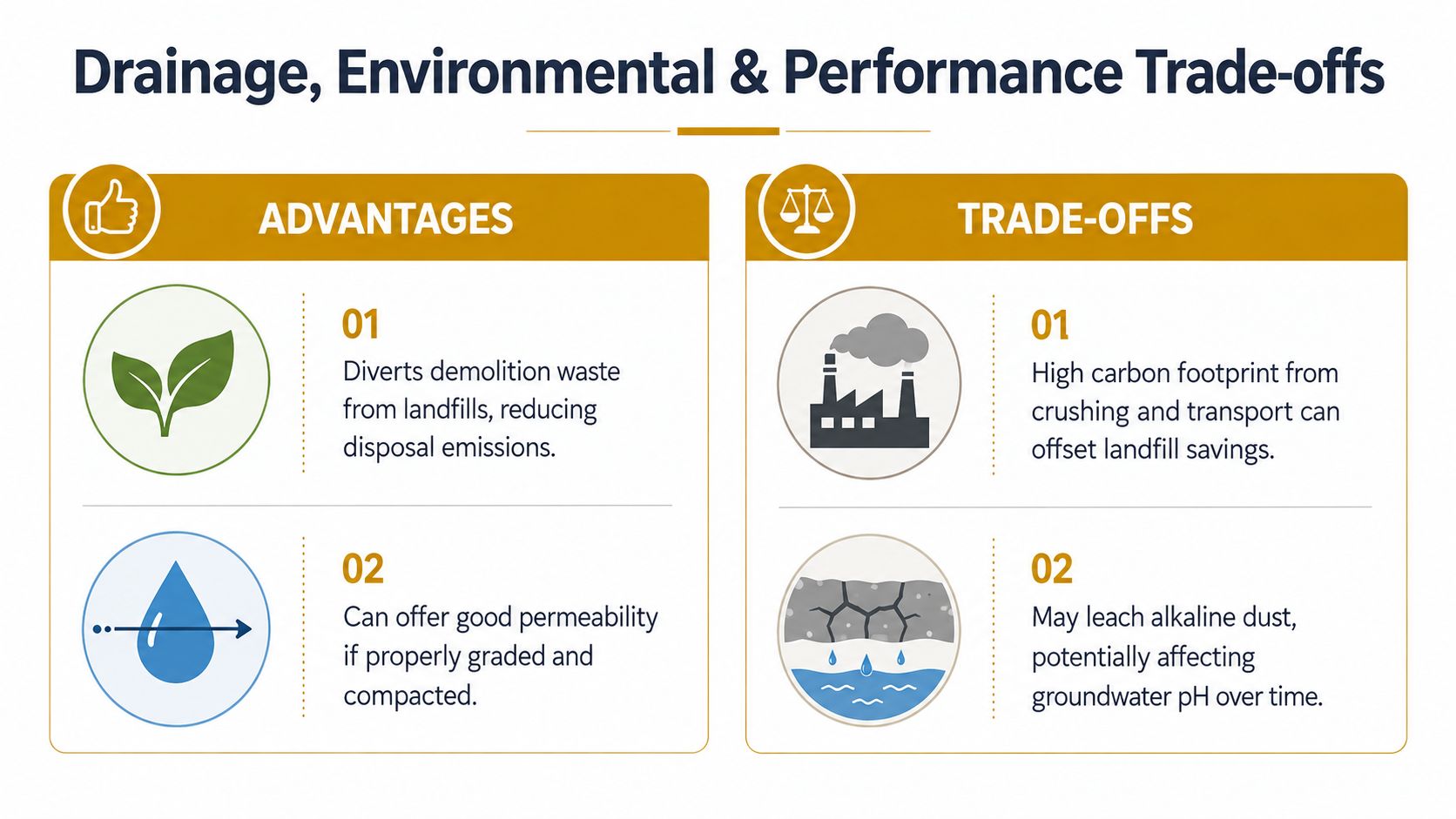 A comparative infographic showing the environmental advantages and trade-offs of using crushed concrete for road bases.