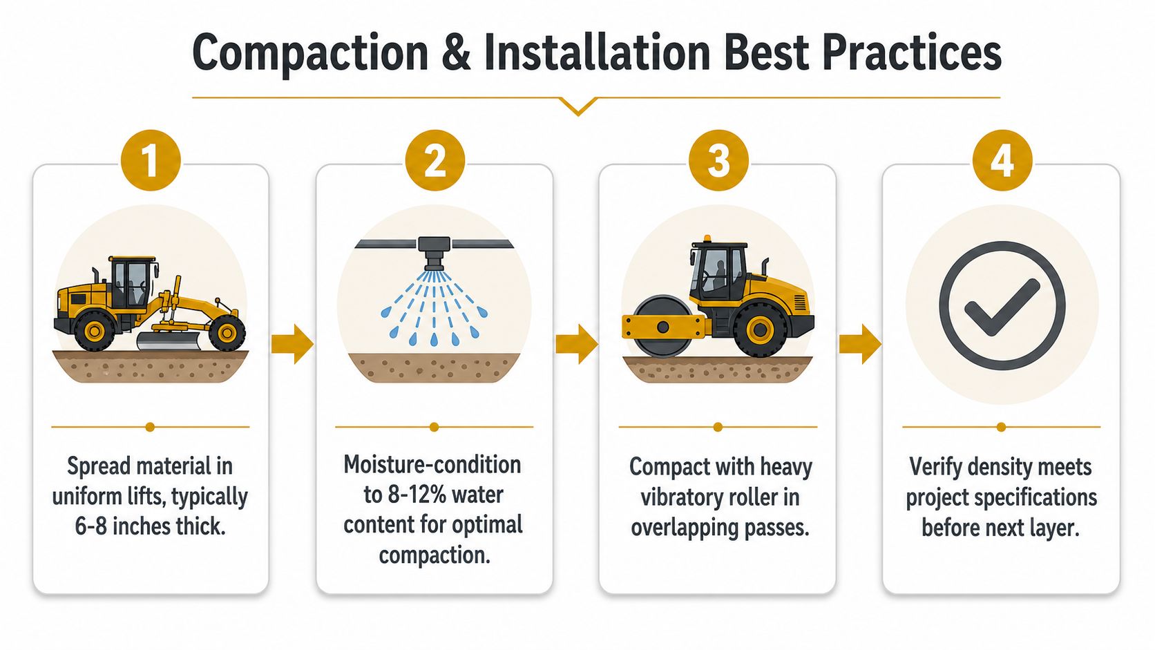 A four-step infographic illustrating best practices for soil compaction and installation during road construction projects.