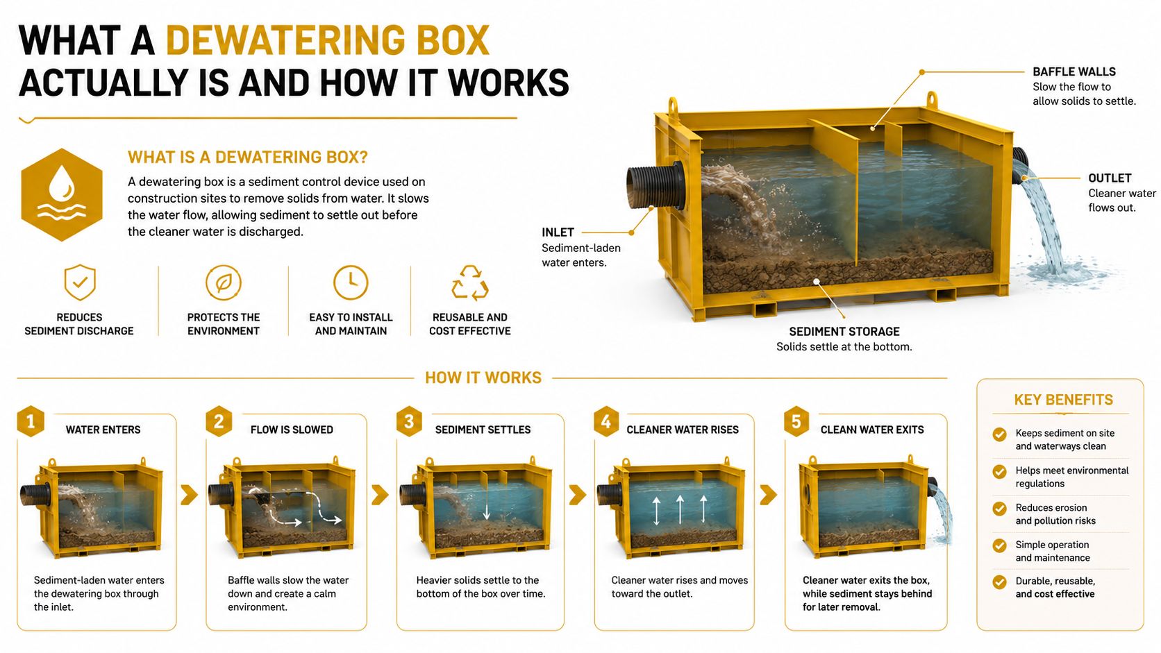 A diagram illustrating the process of how a yellow construction dewatering box removes sediment from water.