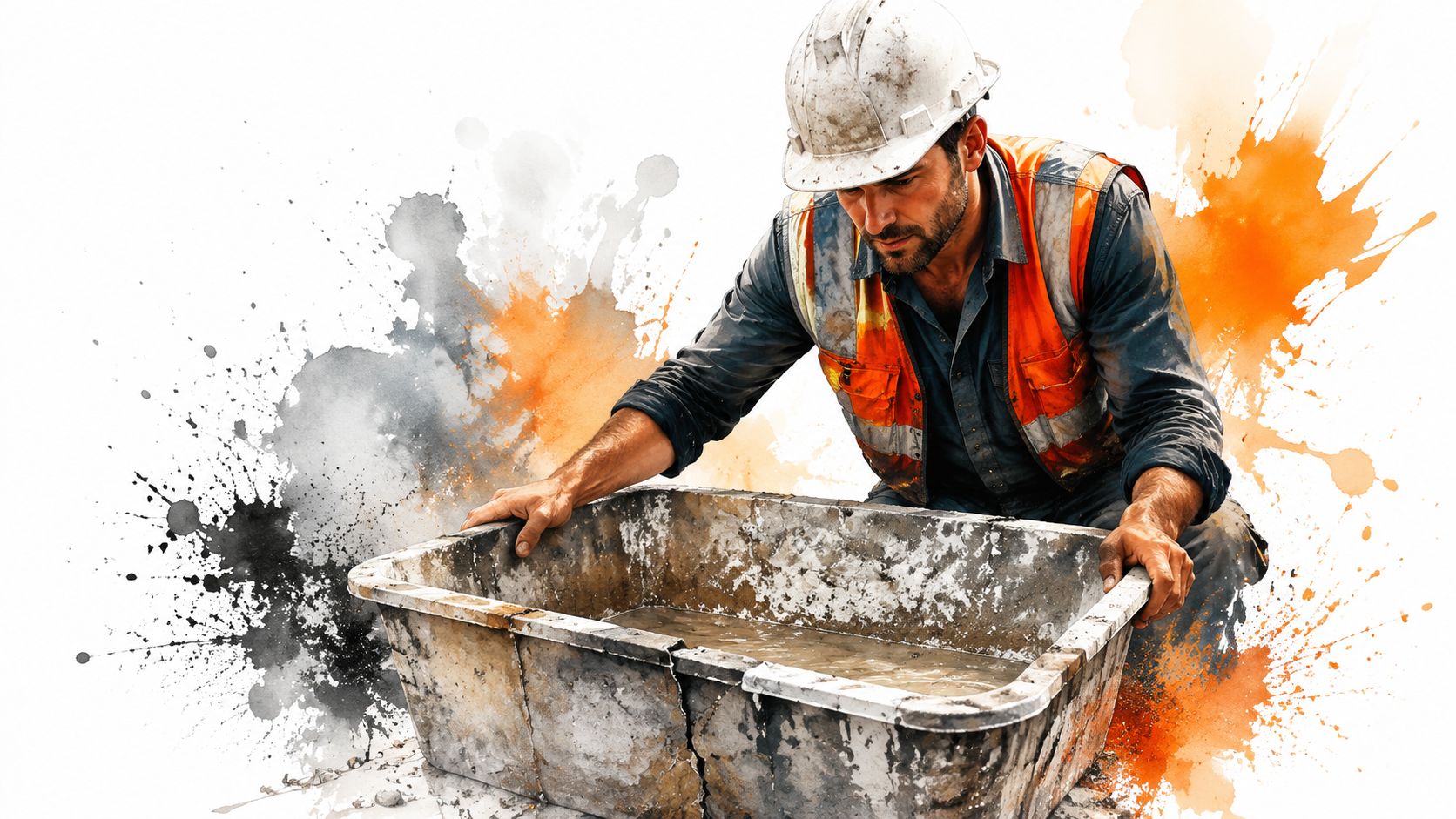 A construction worker in a hard hat inspects a dirty water basin on a job site.