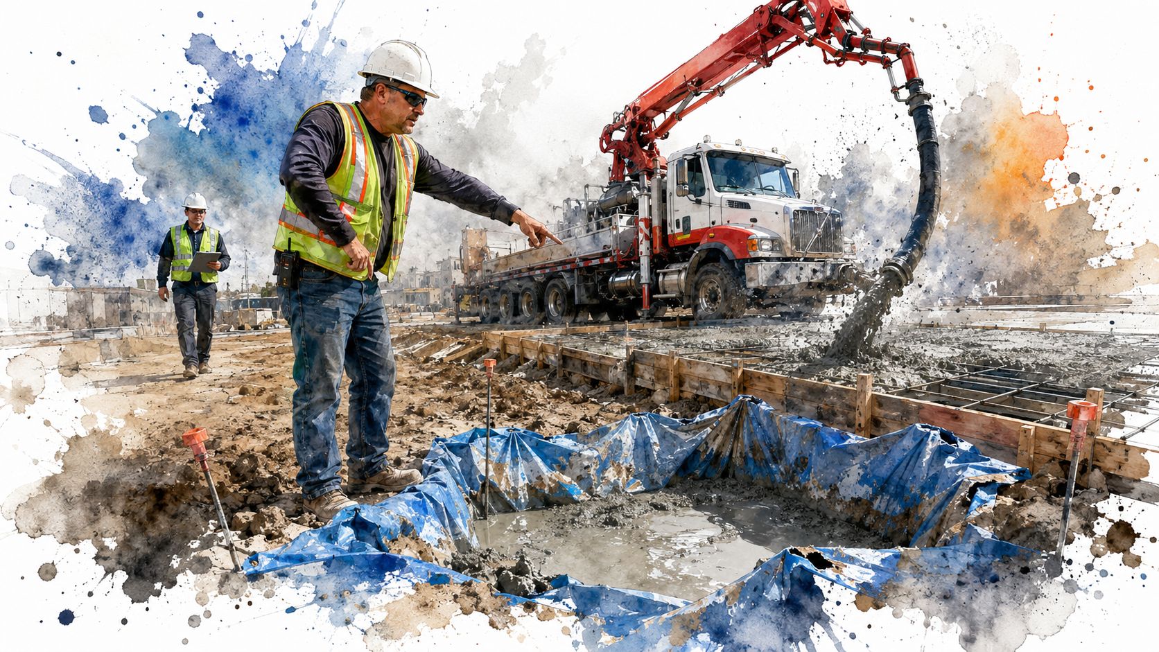 Construction workers overseeing concrete pouring operations on a building site with heavy machinery and specialized equipment.