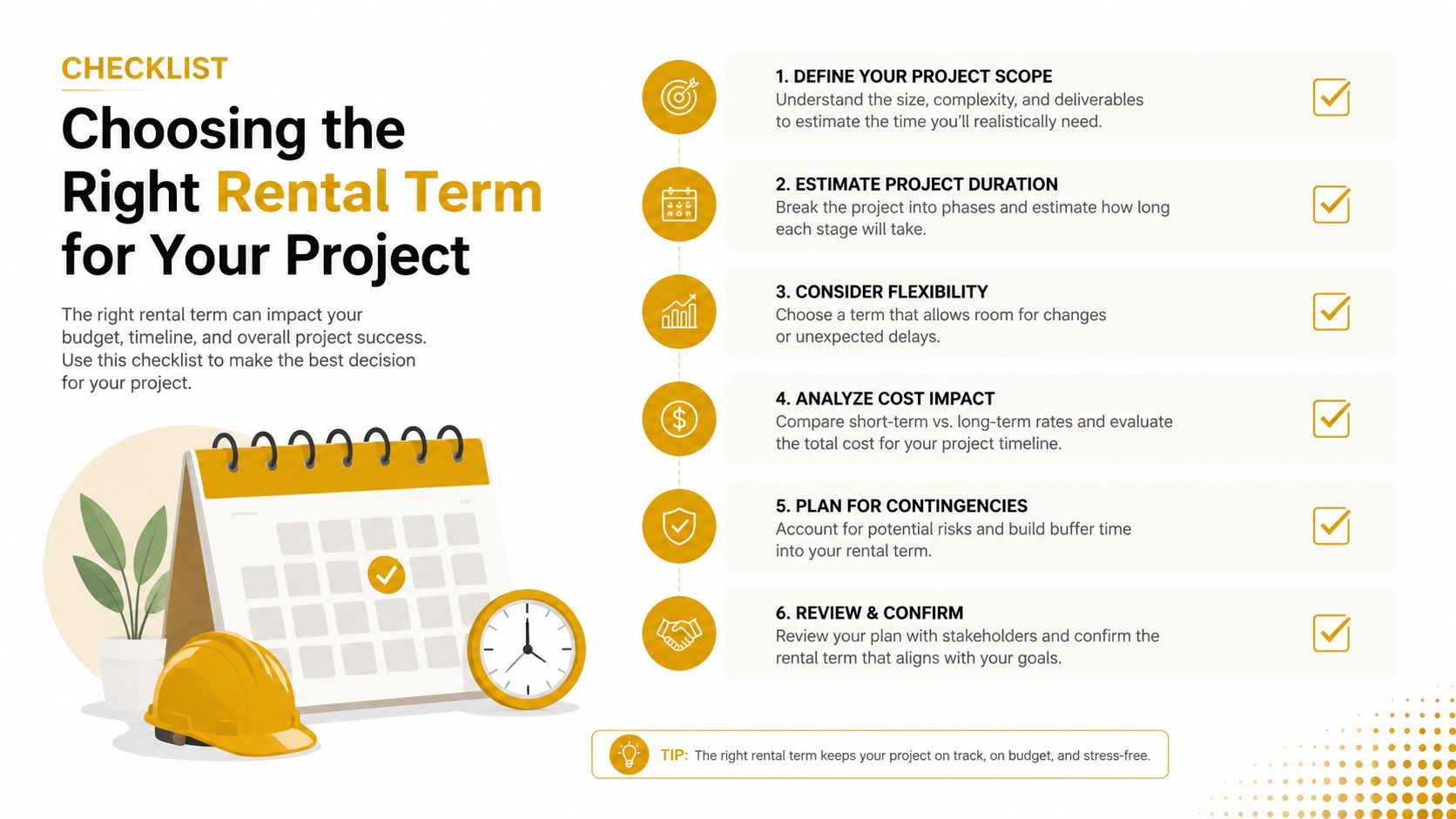 A helpful checklist infographic for choosing the right equipment rental term duration for construction projects.