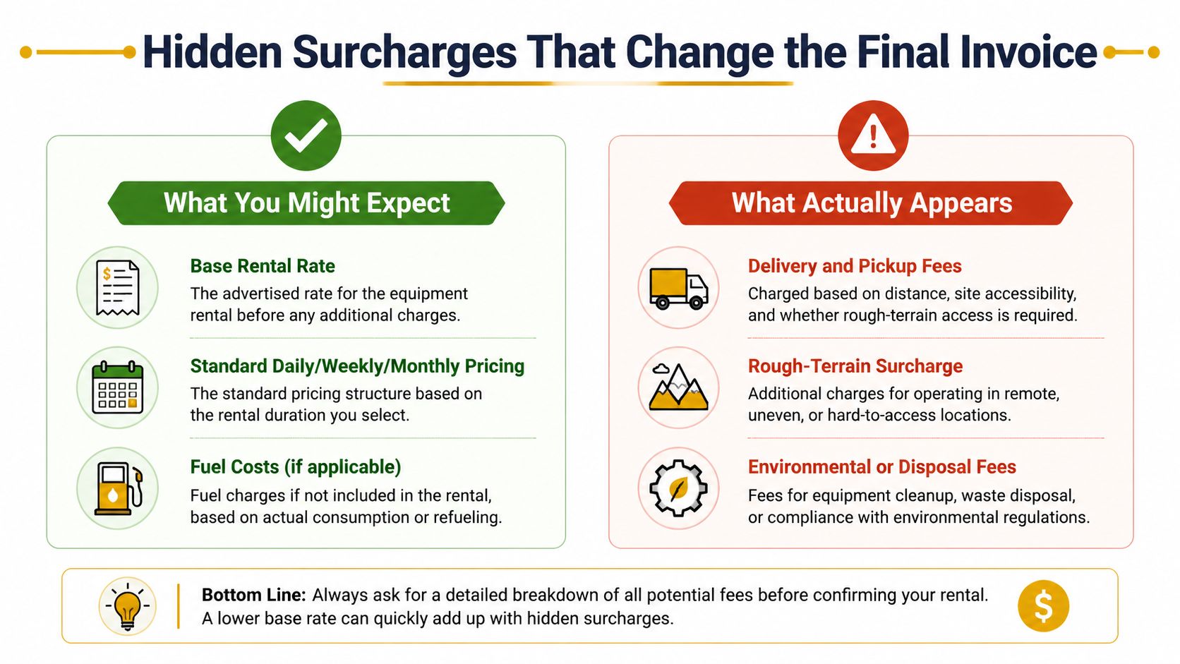 An infographic highlighting the difference between expected equipment rental rates and hidden surcharges on final invoices.
