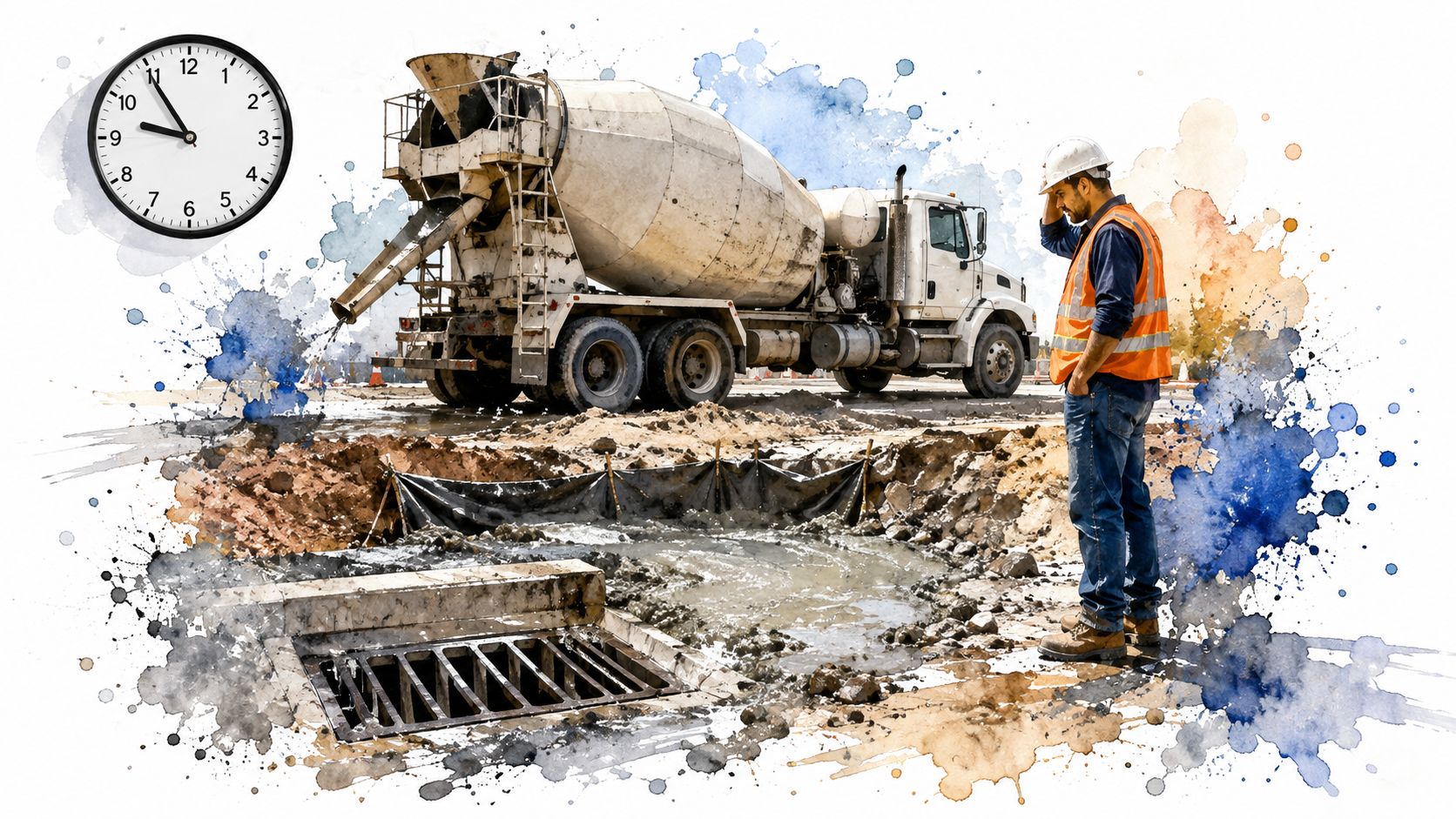 A construction worker observing a concrete mixer pouring material into a drain site at a project.