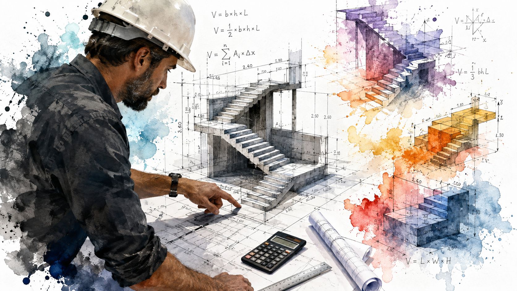 A construction engineer reviewing technical blueprints of staircase designs with mathematical formulas and a calculator on his desk.