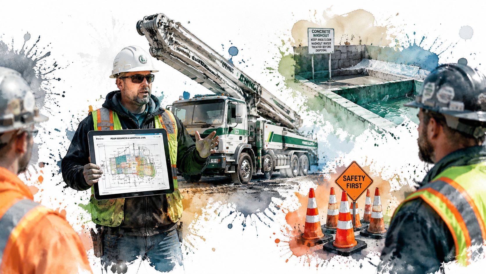 A construction manager discusses a project plan on a tablet with team members near concrete equipment.