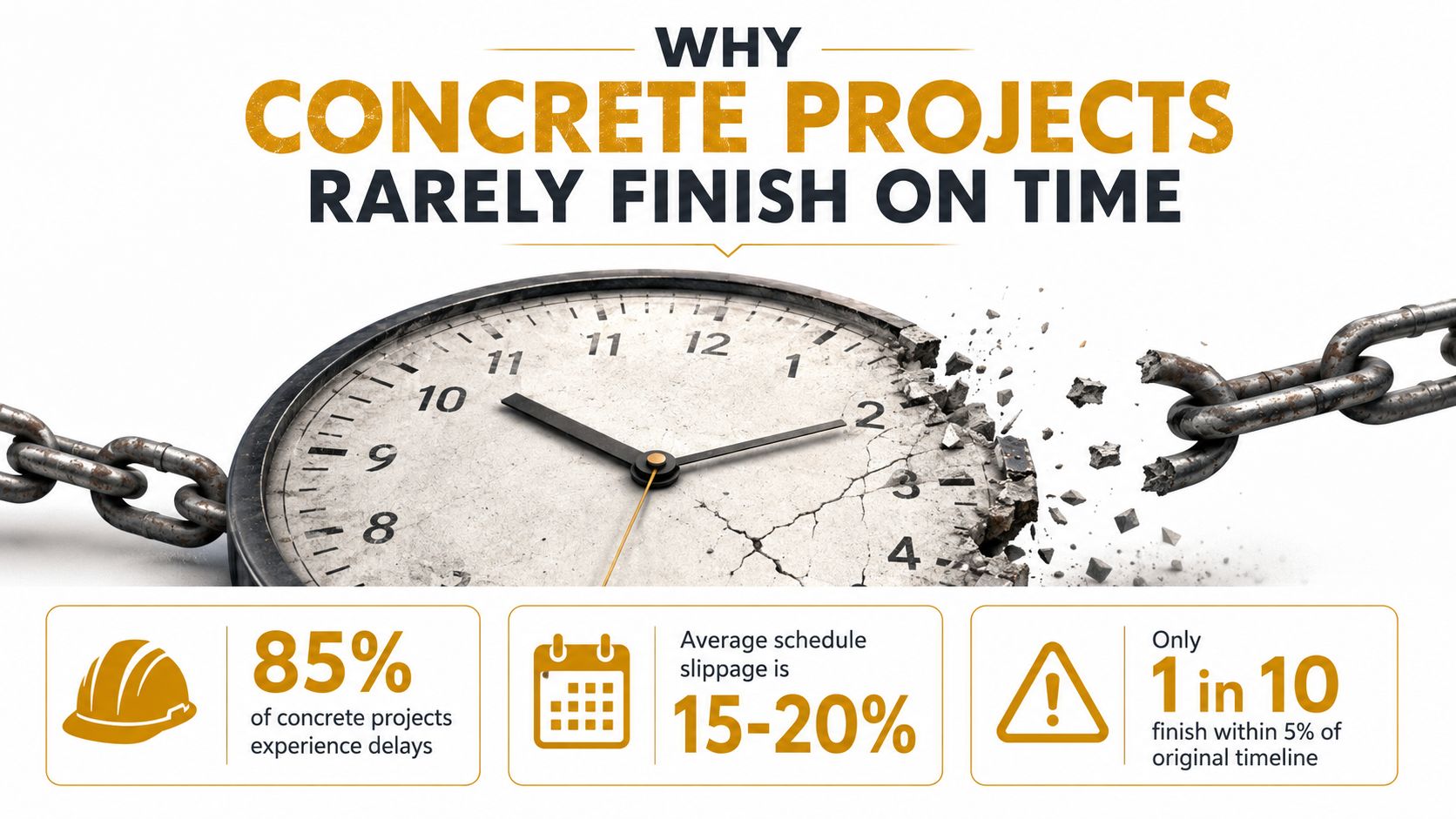 An infographic showing that 85% of concrete projects face delays, with significant average schedule slippage.
