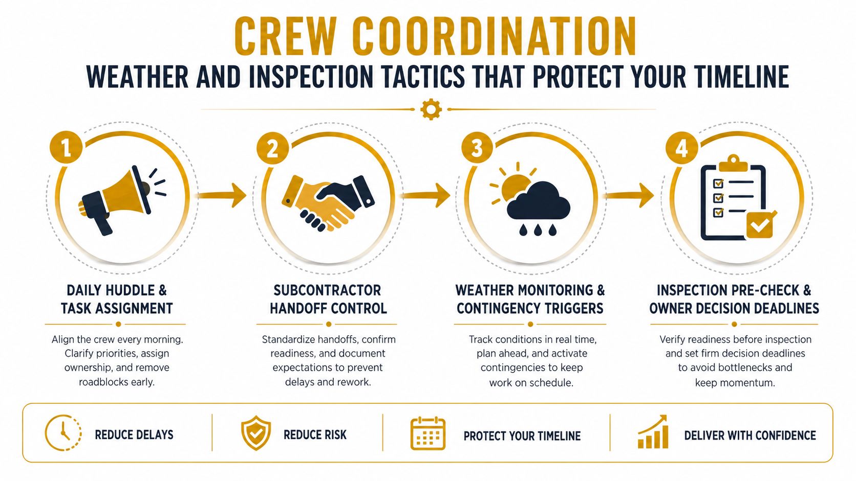 A four-step infographic illustrating crew coordination tactics including daily huddles, subcontractor handoffs, weather monitoring, and inspection pre-checks.